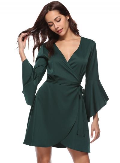 Oasap V Neck Flare Sleeve Solid Color Dress