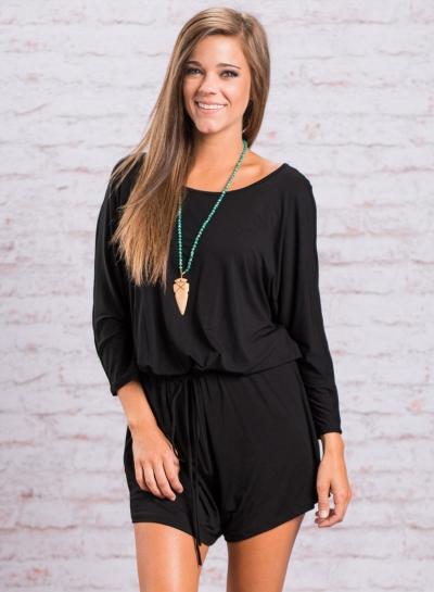 Oasap Solid Long Sleeve Drawstring Waist Romper