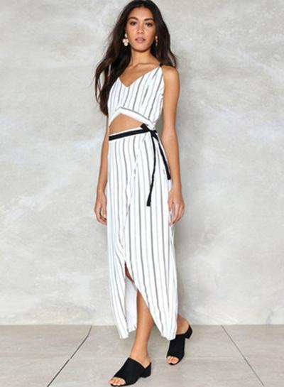 Oasap Spaghetti Strap V Neck High Waist Striped Dress