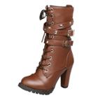 Oasap Block Heels Buckle Strap Round Toe Rivet Side Zipper Boots