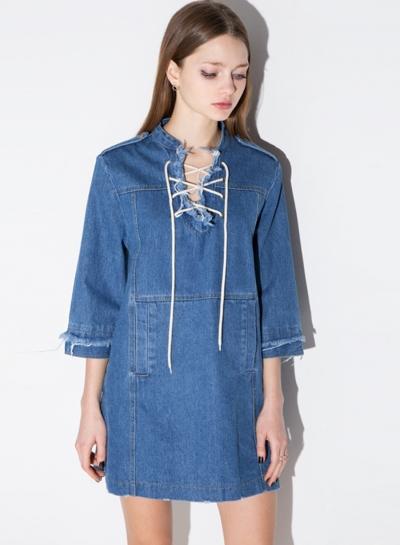 Oasap Round Collar Lace Up Denim Mini Dress