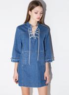 Oasap Round Collar Lace Up Denim Mini Dress