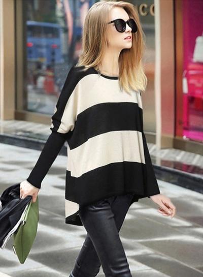 Oasap Fashion Batwing Sleeve Striped High Low Sweater