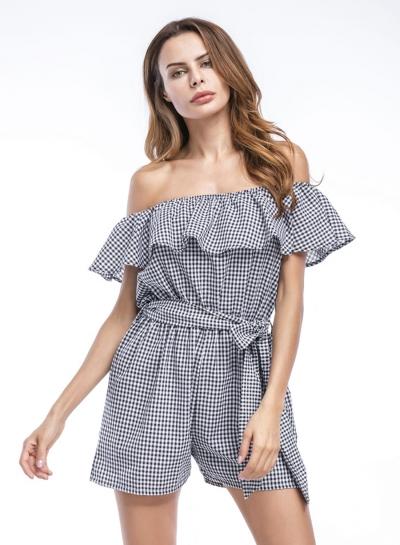 Oasap Slash Neck Flounce Panel Off Shoulder Plaid Romper