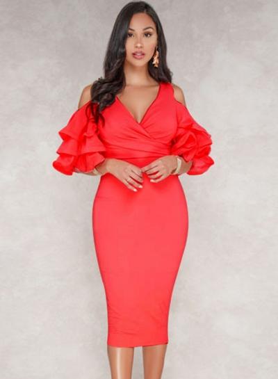 Oasap Fashion Solid Multilayer Falbala Sleeve High Waist V Neck Bodycon Dress