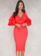Oasap Fashion Solid Multilayer Falbala Sleeve High Waist V Neck Bodycon Dress