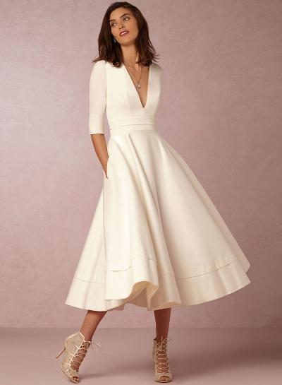 Oasap V Neck Half Sleeve Solid A-line Party Dress
