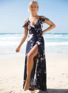 Oasap V Neck Ruffle Split Floral Printed Maxi Dress