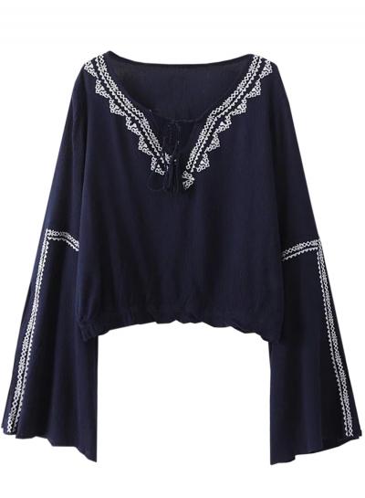 Oasap Women's National Wind Print Flare Sleeve Blouse