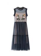 Oasap Floral Embroidery Sleeveless Mesh Dress