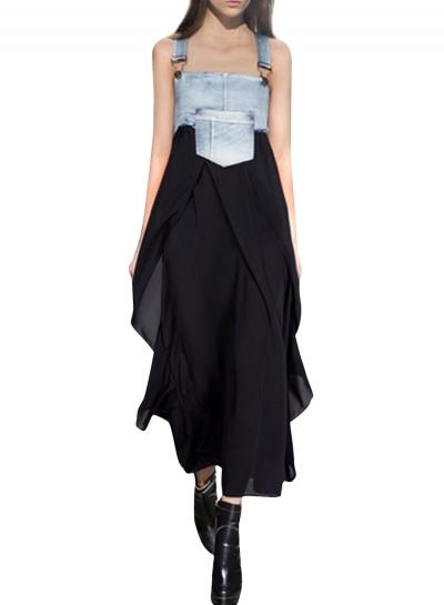 Oasap Women's Fashion Summer Denim Chiffon Midi Overalls Dress