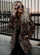 Oasap Turn-down Collar Long Sleeve Open Front Leopard Fleece Coat