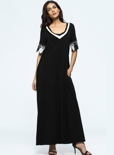 Oasap V Neck Short Floral Sleeve Loose Fit Maxi Dress
