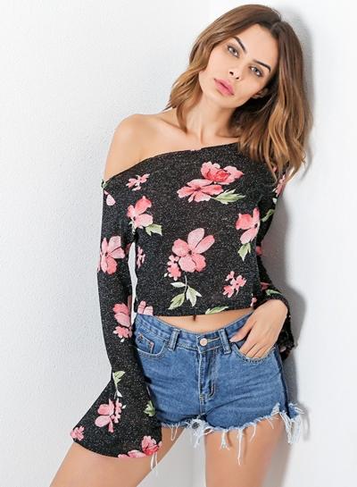 Oasap Slash Neck Flare Sleeve Floral Printed Backless Crop Top