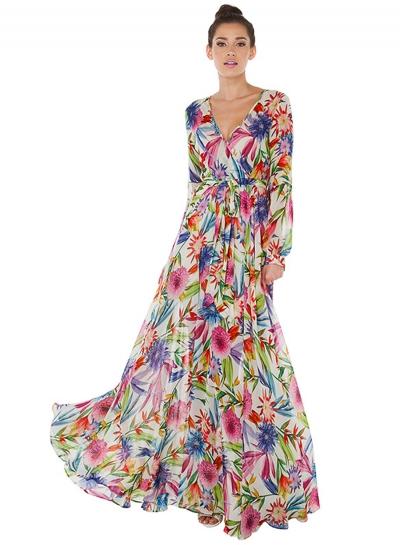 Oasap V Neck Lantern Sleeve Floral Printed Maxi Dress