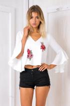 Oasap V Neck Flare Sleeve Floral Embroidery Blouse