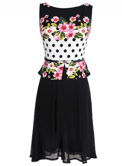 Oasap Women's Stylish Floral Print Sleeveless Belted Dress