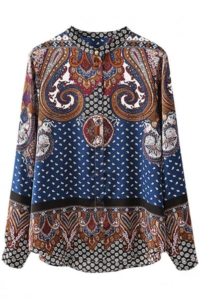 Oasap Tribal Symmetrical Print Button Down Tunic Shirt