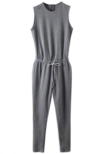 Oasap Casual Solid Grey Drawstring Jumpsuit
