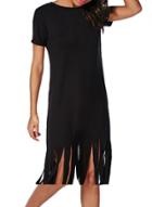 Oasap Women's Casual Summer Short Sleeve Tassel Hem Black Dress