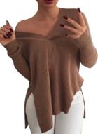 Oasap Women's V Neck Long Sleeve Side Slit Knitted Sweater