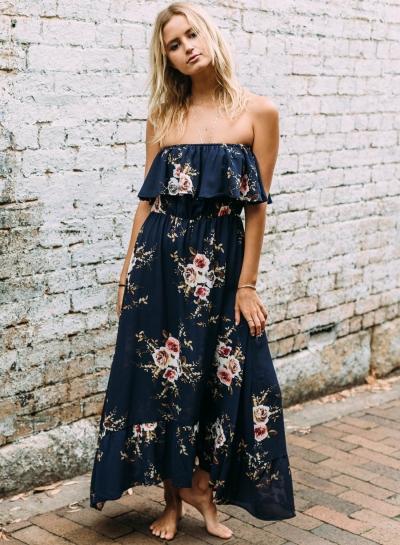 Oasap Floral Print Off Shoulder Maxi Dresses