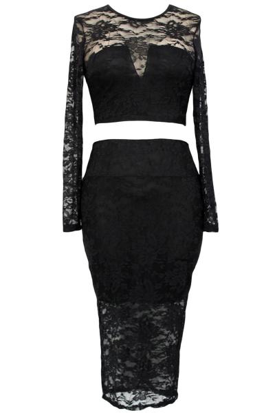 Oasap Black Lace Overlay Long-sleeve Skirt Set