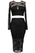 Oasap Black Lace Overlay Long-sleeve Skirt Set