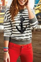 Oasap Anchor Pattern Striped Print Round Neck Knit Tee