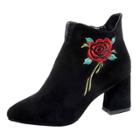 Oasap Suede Pointed Toe Block Heels Floral Embroidery Boots