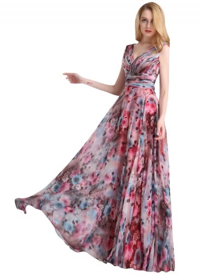 Oasap Floral Print Deep V Prom Dress