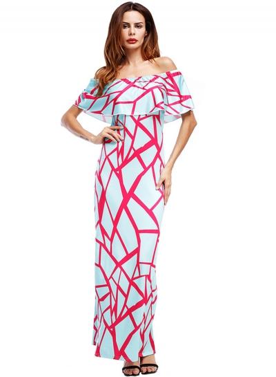 Oasap Off Shoulder Ruffle Digital Print Maxi Dress