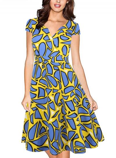 Oasap Vintage V Neck Short Sleeve Printed A-line Dress