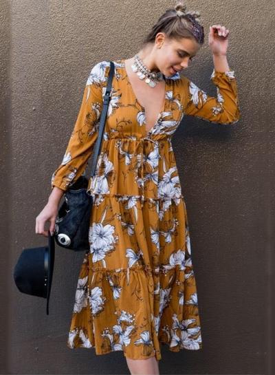 Oasap Deep V Neck Long Sleeve Floral Midi Dress