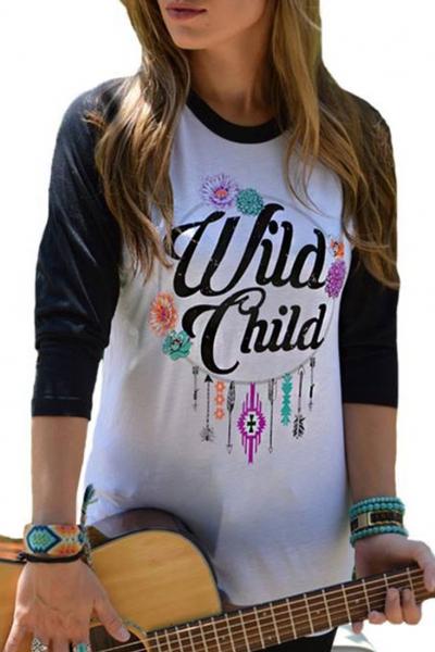 Oasap Fashion Graphic Color Block Tee