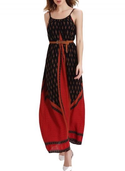 Oasap Women's Tribal Print Spaghetti Strap Maxi Dress With Belt