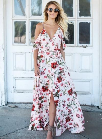 Oasap Sexy Floral Printed Short Sleeve Off The Shoulder V Neck Slit Maxi Dress