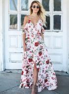 Oasap Sexy Floral Printed Short Sleeve Off The Shoulder V Neck Slit Maxi Dress