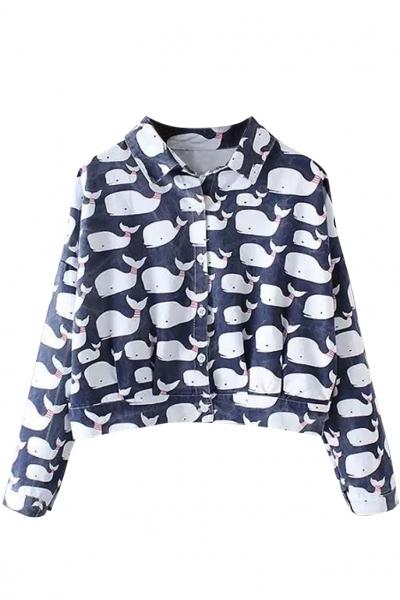 Oasap Sweet Whale Print Stand Collar Button Down Shirt