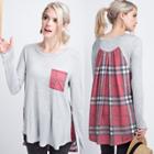 Oasap Round Neck Long Sleeve Plaid Splicing Tee