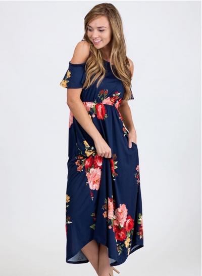 Oasap Casual Floral Off Shoulder Short Sleeve Maxi Dress
