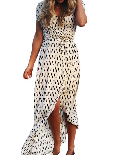 Oasap Women's V Neck Short Sleeve Printed Split Wrap Maxi Dress
