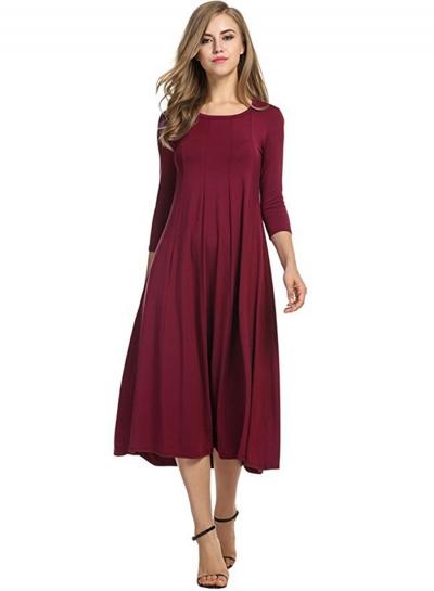 Oasap Solid Long Sleeve Loose Midi Pleated Dress
