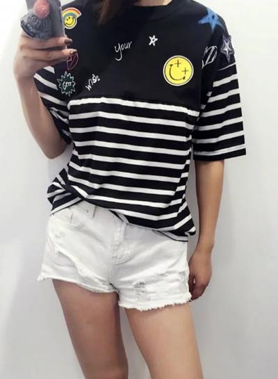 Oasap Cute Pattern Printing Stripped Tee Shirt