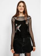 Oasap Black Bird And Flower Embroidery Sheer Shirt
