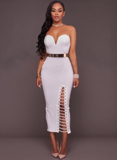 Oasap Strapless Lace Up Bodycon Dress With Belt