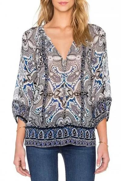 Oasap National Wind Print V Neck Loose Fit Blouse