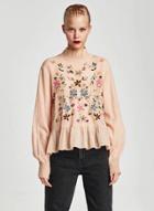 Oasap Fashion Long Sleeve Floral Embroidery Backless Ruffle Blouse