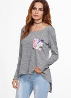 Oasap Round Neck Long Sleeve Floral Printed Splicing Top