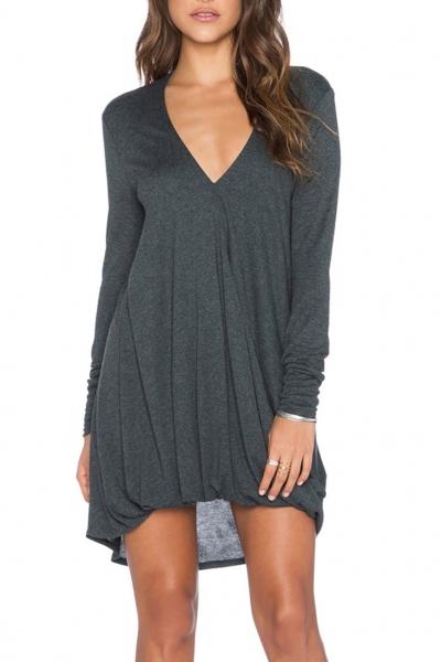 Oasap Deep Grey V Neck High Low Asymmetric Dress